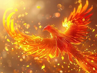 Phoenix bird fire fantasy firebird abstract magic 3D eagle animal. Phoenix bird fire tale character illustration render hawk fairy wings graphic feather gold background fenix logo icon red art pheonix