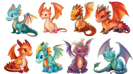 Obraz premium Collection of Cute and Colorful Cartoon Dragons