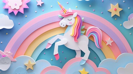 Obraz premium Colorful Unicorn Jumping Over Rainbow with Clouds and Stars