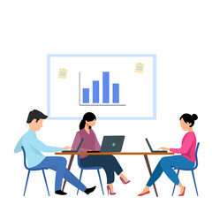 Business people sitting at the table in front of a whiteboard with a graph and working on laptop. Vector illustration.