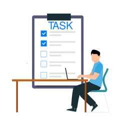 Businessman sitting at the table and working on laptop and task checklist. Flat vector illustration.