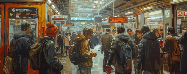Fototapeta premium An artist sketching portraits of strangers in a bustling train station, capturing the diversity of city life.