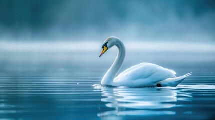 Obraz premium Swimming Whooper Swan in Blue Water with Copy Space at Milicz Ponds Poland