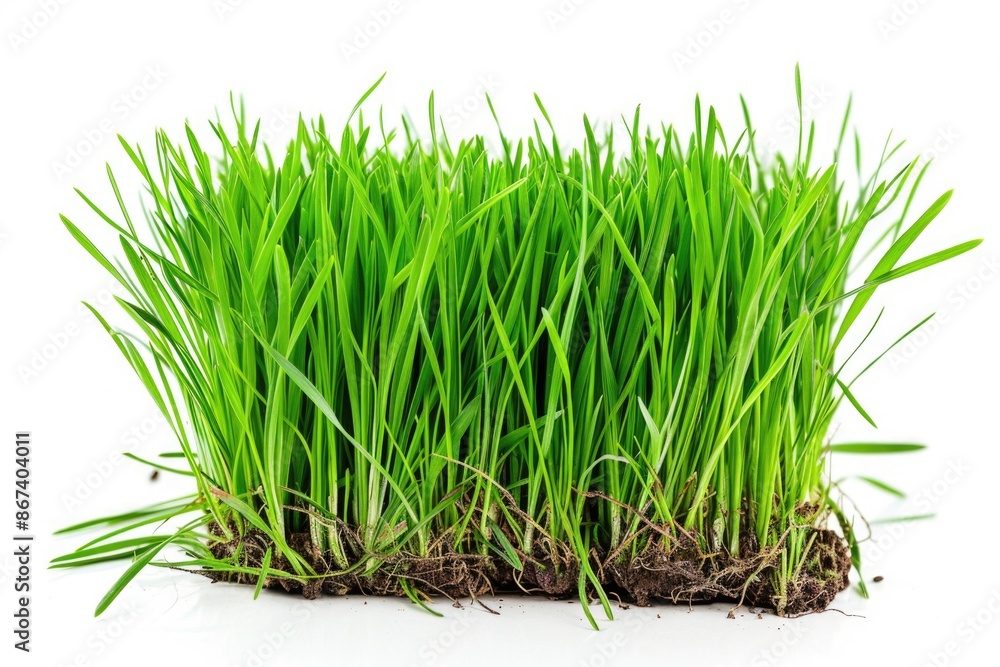 Poster a close-up view of blades of grass on a clean white surface, suitable for use in designs and composi