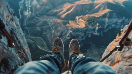 A bungee jump captured from the perspective of a drone, showing the expansive landscape below.