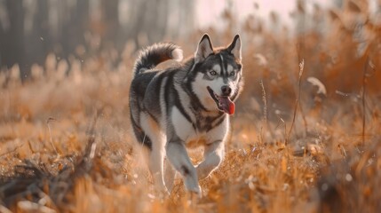 Obraz premium Husky runs outdoors on a large grass field