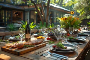 Outdoor Dinner Table Setting With Wine and Food