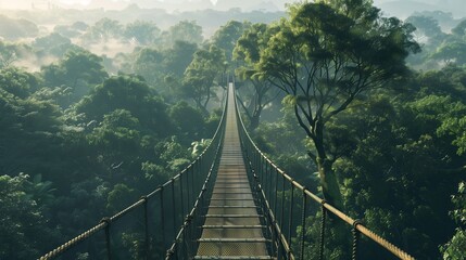Obraz premium A canopy walkway high above the forest floor, offering a breathtaking view of endless treetops stretching into the horizon.