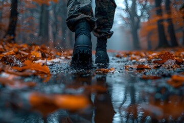 Autumn Adventure: Hiking through a Leafy Forest Trail on a Misty Day