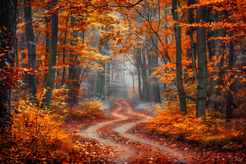 Serene Autumn Forest Pathway: A Tranquil Nature Scene Highlighting the Beauty of Changing Seasons in a Dense Woodland