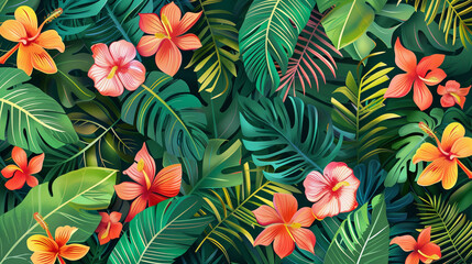 Naklejka premium 植物と花の背景。トロピカルなイラスト