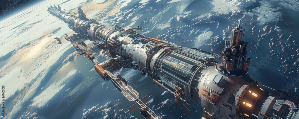 Poster a sleek and futuristic space station orbiting the earth, astronauts conducting scientific experiment