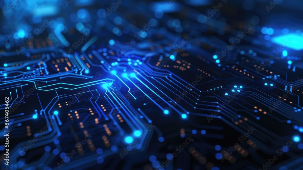 Poster close-up shot of a circuit board with blue leds lit, suitable for technology and electronics-related