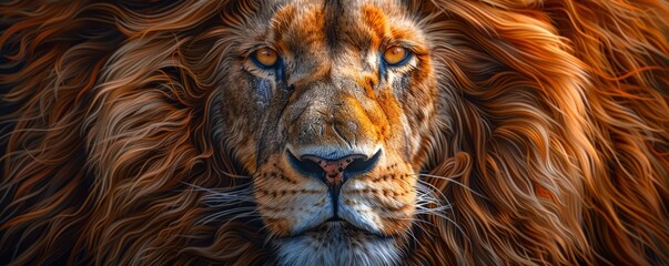 Fototapeta premium A photorealistic portrait of a majestic lion's face, with its piercing eyes, flowing mane, and powerful muscles.