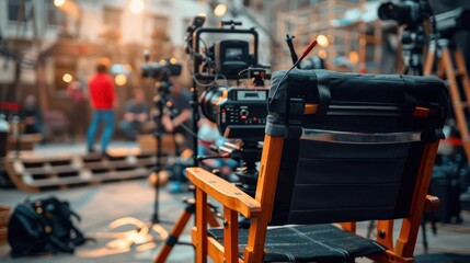 Closeup of a directors chair in a bustling film studio with crew members and set pieces in the background