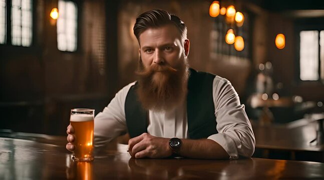 Bearded brewmaster holds a glass of beer and evaluates its visual characteristics.