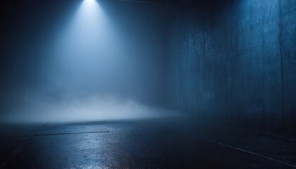A low-angle shot of four spotlights illuminating a room filled with smoke, creating a mysterious and atmospheric scene