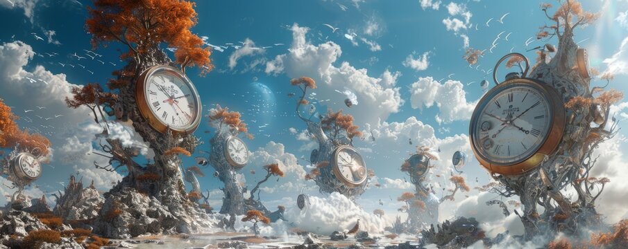 A surreal landscape with melting clocks, floating trees, and other dreamlike elements.