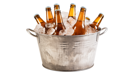 bucket of beer bottle with ice cubes isolated on transparent white background, clipping path