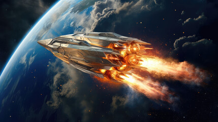 The ship flies to another planet. The spaceship takes off into the starry sky through the clouds. Rocket starts into space. digital art, generative ai