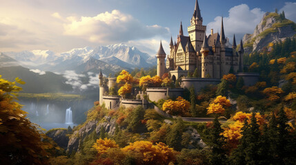 Fototapeta premium Medieval European castle surrounded by picturesque nature., generative ai
