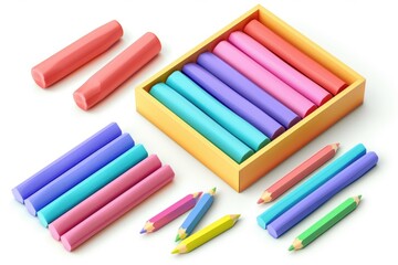 Fototapeta premium Colorful art supplies stacked on a table, ideal for illustrations, design and education