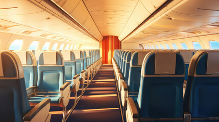 Obraz premium Commercial aircraft cabin with rows of seats down the aisle. digital art, generative ai