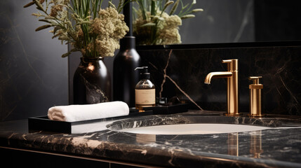 Elegant bathroom interior with different toiletries on black gold marble countertop and modern vessel sink., generative ai