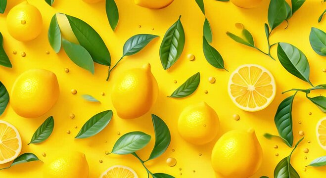 Lemon video background with bright yellow lemons and green leaves. Lemons illustration with wet lemons and green leaves on yellow background