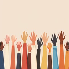 Flat vector illustration of people with different skin colors raising their hands. Unity concept. Generative AI