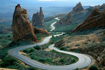 A road that weaves through giant stone arches naturally formed in a desert