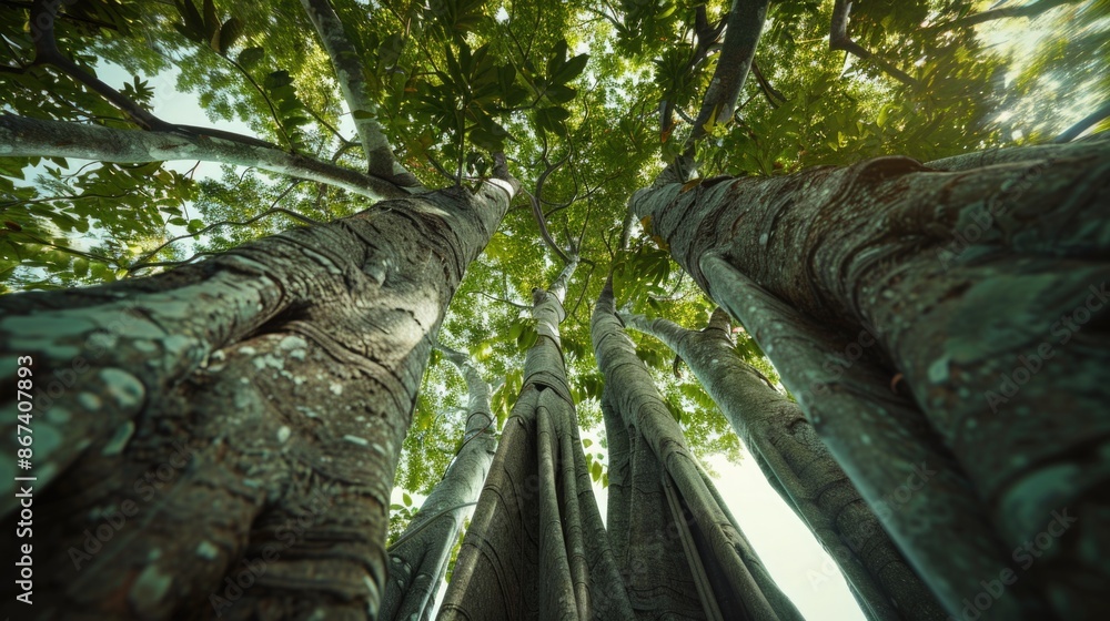 Poster image of a group of tall trees in a dense forest environment, suitable for use as a background or la
