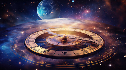 Mystical image of a clock face of the magic watch against the backdrop of the universe. Fantasy image of space time dimension., generative ai