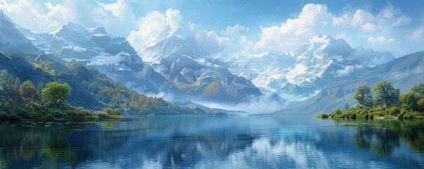 Fototapeta premium A serene mountain lake surrounded by towering peaks, with mirror-like waters reflecting the rugged landscape.