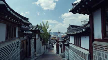 Korean traditional village, alleyways with traditional tiled roofs, Seoul city, landmarks 