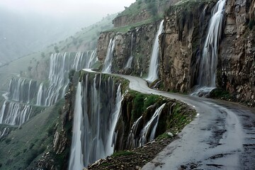 A road with edges that transition into waterfalls, cascading down into the valleys below