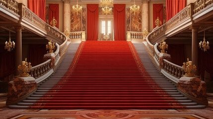 Obraz premium Red carpet and ceremonial VIP staircase. VIP luxury entrance with red carpet. interior of the palace., generative ai
