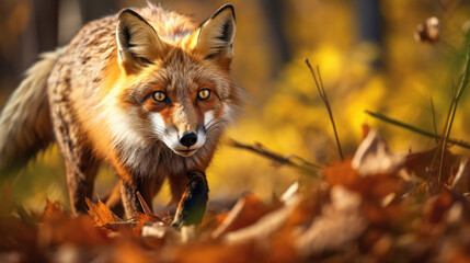 Fototapeta premium Closeup of a Red Fox Hunting and Stalking Prey. animal wildlife,, generative ai