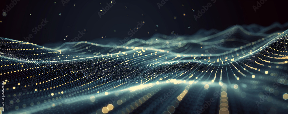 Aufkleber Wave line of moving particles over a dark, abstract vector background with a fluid array of shiny, curved shapes. Future technology relaxing wallpaper with 3D dots on mesh