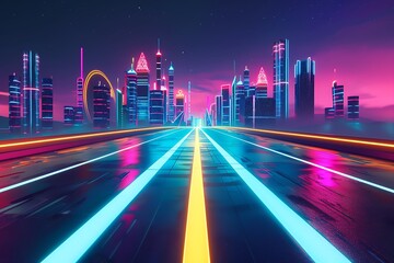A road with lanes that light up in neon colors, leading to a futuristic cityscape