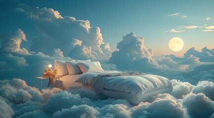 Bed Floating Above Fluffy Clouds With a Full Moon and Night Sky