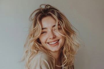 A portrait of a happy woman with long blonde hair, smiling directly at the camera