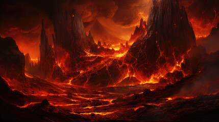 Eruption of the volcano with ash flow and molten lava. digital art, generative ai