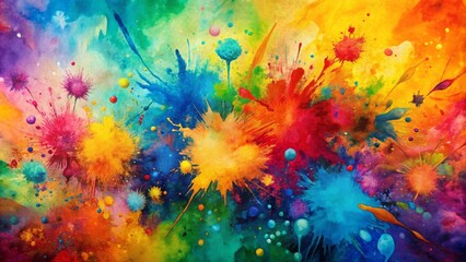 Vibrant abstract watercolor background featuring loose expressive brushstrokes and splatters in bold colors on a textured grungy surface.