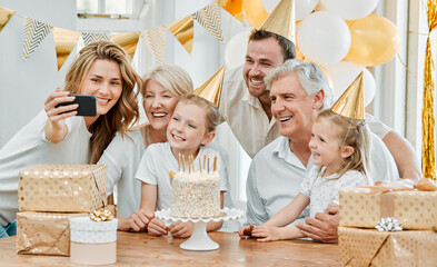 Selfie, party and family to celebrate birthday in home, social media post and camera app for picture. People, generations and proud of milestone, photography and capture memory of presents and cake