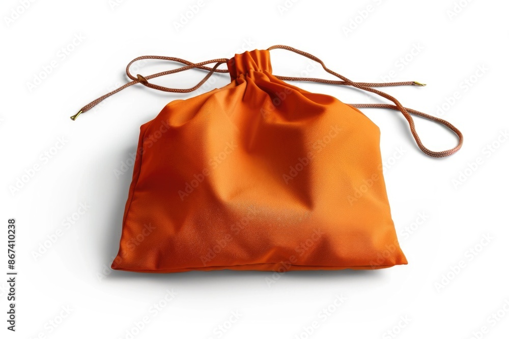 Wall mural A simple orange drawstring bag lies flat on a white background, perfect for packing small items or as a decorative accessory