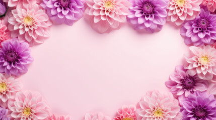 Spring Flower border frame made of dahlia flowers on a pink pastel background. Greeting floral card template with copyspace., generative ai