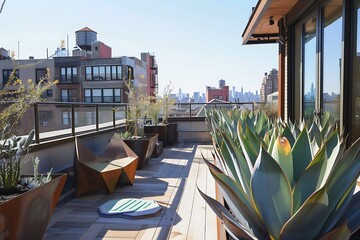 A rooftop garden with plants that have geometric leaves