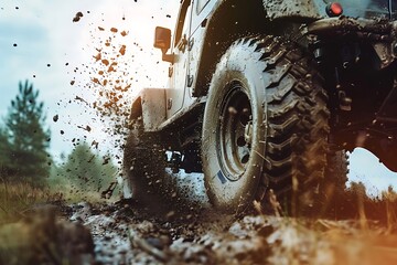 A rugged all-terrain vehicle with dynamic suspension and mud splatter effect