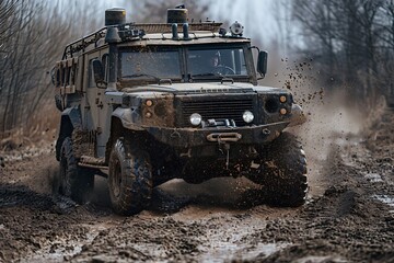 A rugged all-terrain vehicle with dynamic suspension and mud splatter effect
